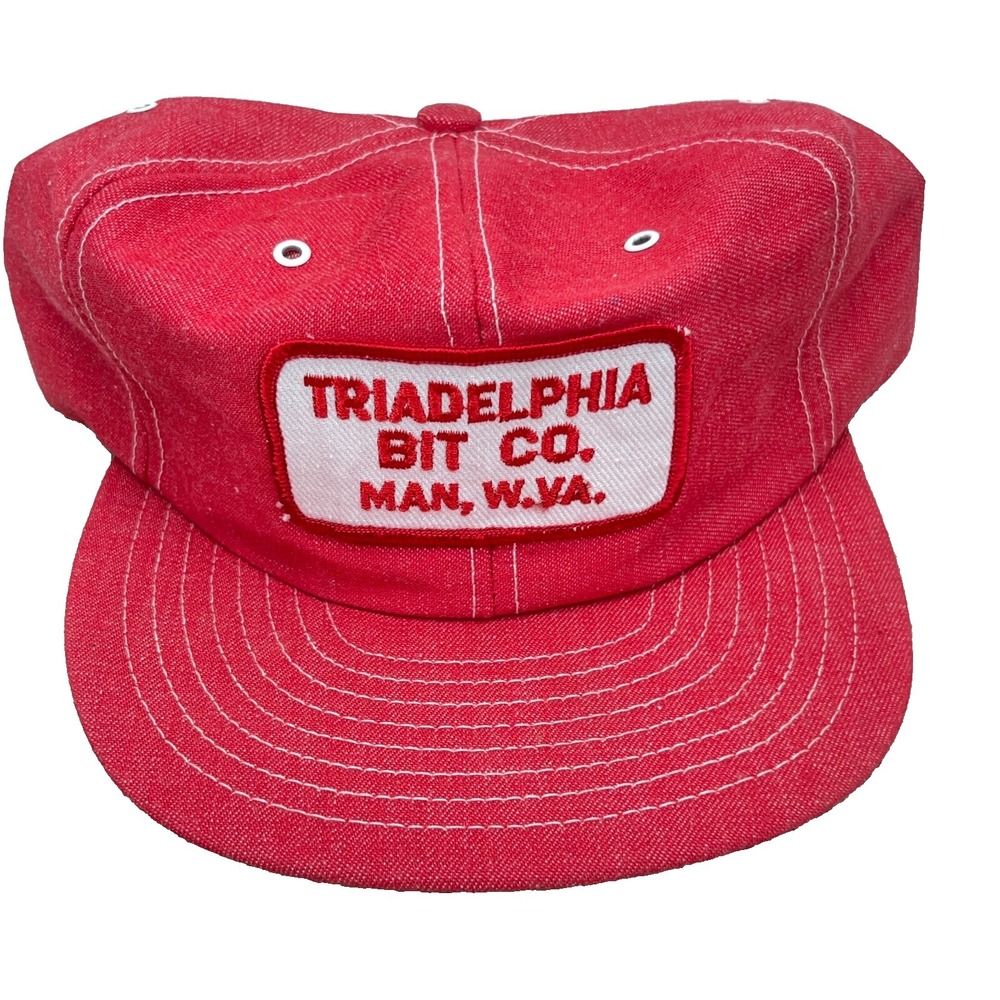 Vintage Louisville MFG Red Denim Trucker Hat Cap SnapBack Patch 80s Made IN USA